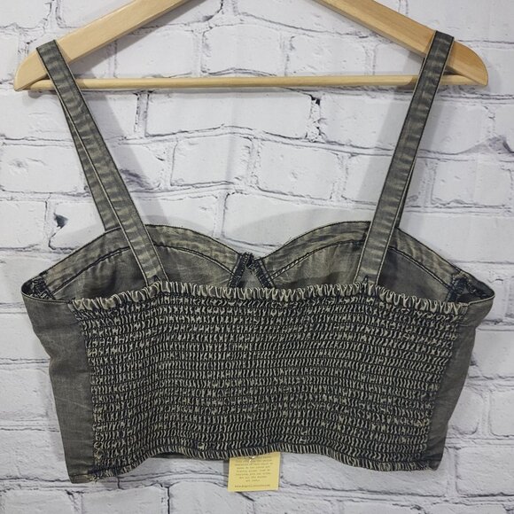 B.O.G. Collective Corset Bustier Top Size L Gray Crop Denim Smocked Back NWT - Picture 3 of 8